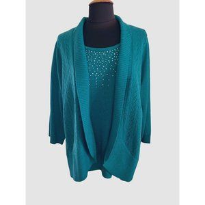 Laura Scott Woman, Green Sparkle, Faux 2 Pc Sweater With Blingy Studs, Size 1X